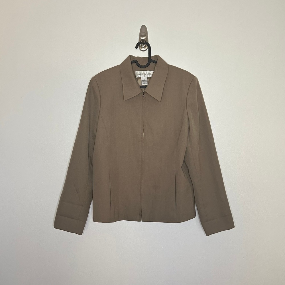 Jones New York Vintage Zip Up Blazer Jacket Taupe Brown USA Made Size 10